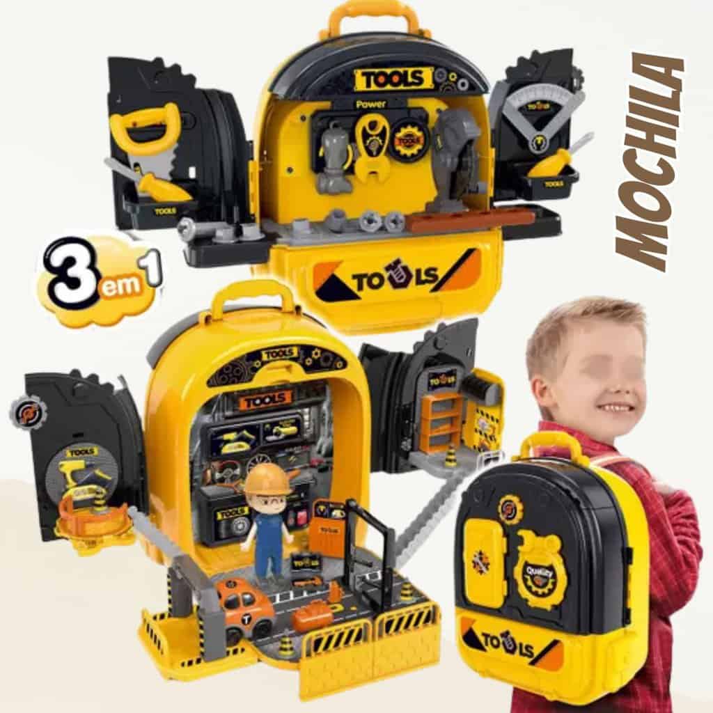 Replay Kids Maleta Mochila de Ferramentas Infantil Station Tools, Oficina com Ferramentas e Acessórios, Amarelo