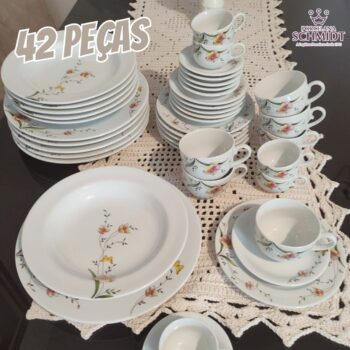 Serviço de Jantar, Chá e Café 42 Peças, Decoração Carmem, Coleção Real, Multicor, Porcelana Schmidt