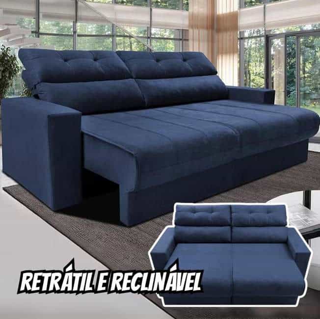 Sofá 3 lugares Cama inBox Clean com Assento Retrátil, Encosto Reclinável em Tecido Velusoft e 170cm de Largura – Azul