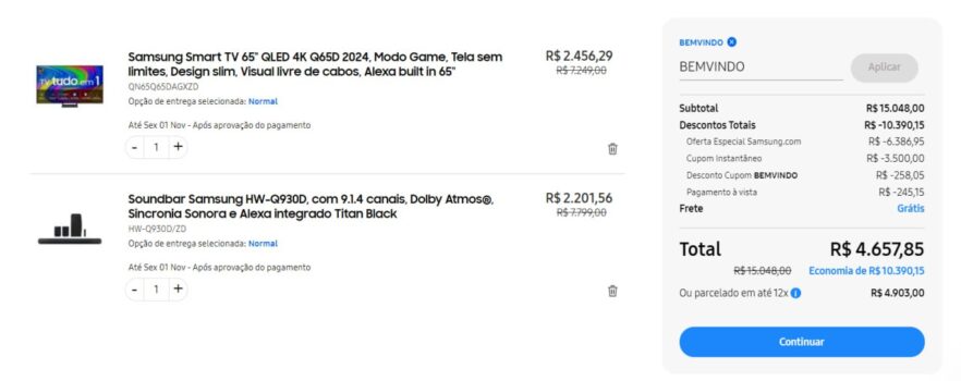 Combo Smart TV 65" Samsung QLED 4K 65Q65D + Soundbar Samsung Q930D com 9.1.4 Canais