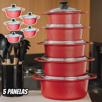Jogo 5 Panelas Cerâmica Atoxica Antiaderente em Aluminio Fundido com Tampas em Vidro Temperado