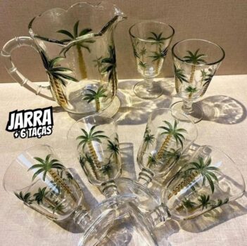 1 Jarra E 6 Taças Lyor Palm Hand Painting De Cristal 1,3l