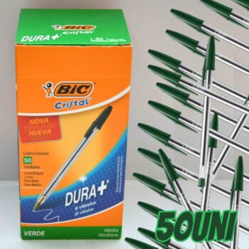 Caneta BIC Verde Cristal Dura Mais – Ponta Esferográfica Média de 1.0mm. Escrita Macia e Cor Intensa - Pacote com 50 unidades