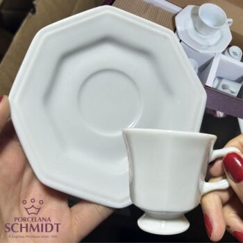 Estojo com 6 Xícaras Café com Pires em Porcelana- Modelo Octogonal Prisma - Branca - fabricado pela Schmidt