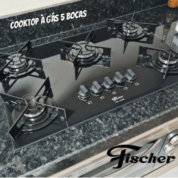 FISCHER COOKTOP À GÁS 5 BOCAS FIT LINE MESA VIDRO PRETO BIVOLT - 26343-57174