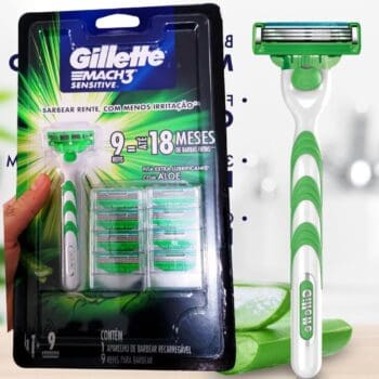 Gillette Mach3 Sensitive Aparelho de Barbear Recarregável + 9 Cargas com Aloe Vera, Ideal para Peles Sensíveis, 1 Kit