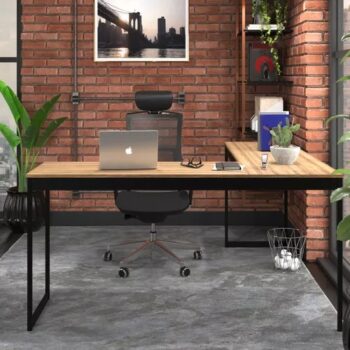 Mesa Em L Industrial Escrivaninha De Canto Nórdico Vintage Ferro E Madeira Laminado Com Preto E-led MESLMAGN E-led Brasil 150x74x45