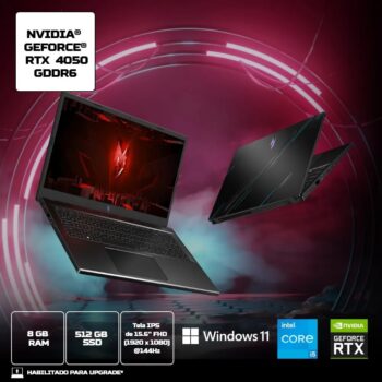 Notebook Gamer Acer Nitro V, Intel Core i5-13ªGen, 8GB, SSD 512GB, RTX4050, Tela 15.6″ Full HD, Windows 11 Home – Anv15-51-54dl