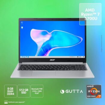 Notebook Acer Aspire 5 AMD Ryzen 7 5700U, 8GB RAM, SSD 512GB, 15,6" LED Full HD, Linux Gutta - A515-45-R74D