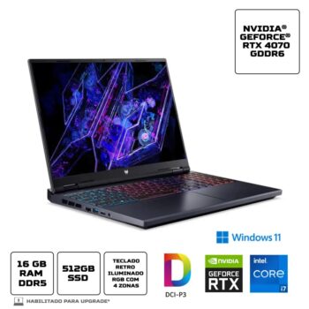 Notebook Predator Helios Neo Notebook Acer Predator Helios Neo PHN16-72-74VX Intel Core i7-14700HX de 14ªGen 16GB 512GB SSD RTX 4070 W11 Home