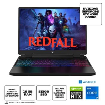 Notebook Predator Neo PHN16-71-72W6 Core i7 13 G. Windows 11 Home 16GB 512SSD RTX 4060 16” WUXGA - Acer
