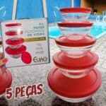Promotop: As melhores Promoções,cupons e descontos! Euro – Conjunto de Potes de Vidro Redondos com Tampa Plástica, Vermelho, 5 Peças