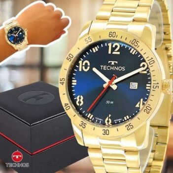 Relógio Technos Masculino Dourado Militar Prova D'água Nf