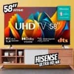 Smart TV 58″ Hisense Ultra HD 4K DLED A6K com Sleep timer, entrada HDMI e Wi-Fi – 58A51HSV