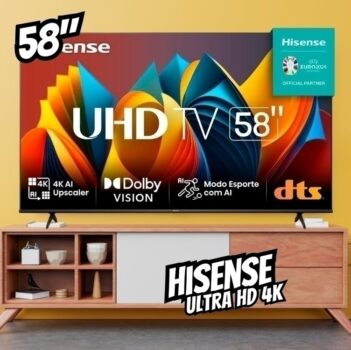 Smart TV 58" Hisense Ultra HD 4K DLED A6K com Sleep timer, entrada HDMI e Wi-Fi - 58A51HSV