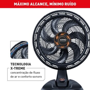 Ventilador de Mesa Arno X-TREME 7 Cinza 40cm VE71, 150W, 7 Pás, 3 Velocidades, Oscilação 80º, Power Zone, Modo Noturno Silencioso, 220V