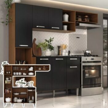 Armário De Cozinha Compacta Smart Multimóveis Mp2220 Cor Madeirado/Preto