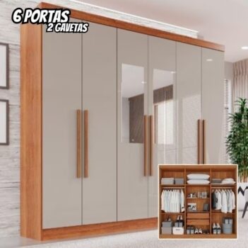 Guarda-Roupa Casal Com Espelho 6 Portas 2 Gavetas França Cinamomo/Off-White - Bege