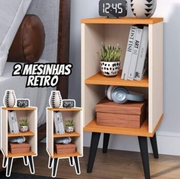Kit 2 Mesa de Cabeceira Retrô com Prateleira Charme COR:Kit Chame - Branco