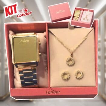 Kit Relógio Digital Feminino Condor Com Semijoia Cor Da Correia Dourado Cor Do Bisel Dourado Cor Do Fundo Dourado