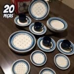 Aparelho de Jantar e Chá 20 Peças Biona de Cerâmica - Redondo Branco e Azul Donna