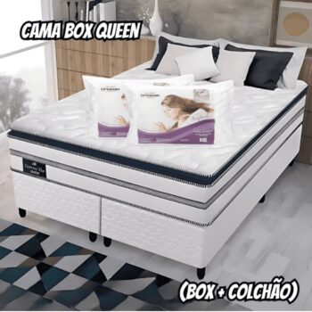 Cama Box Queen (Box + Colchão) Gazin de Mola - Ensacada 59cm de Altura + 2 Travesseiros Ortobom