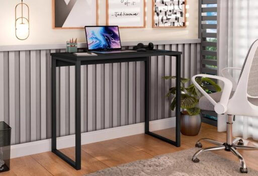 Escrivaninha Mesa Estudo Industrial Cor Preto Fosco Aço/mdf