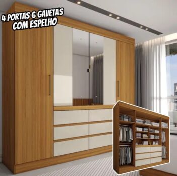 Guarda-Roupa Casal Honey 4 Portas 6 Gavetas com Espelho - Pnr Móveis