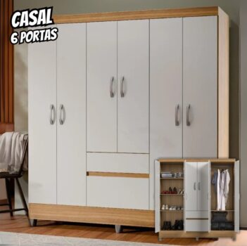 Guarda Roupa De Casal Ideal Plus 6 Portas Para Quarto Grande Com Cabideiro E Prateleiras - Vila Rica