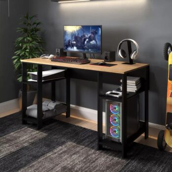 Mesa Escrivaninha Gamer Madeira Industrial Geek - Laminado Com Preto Para Home Office