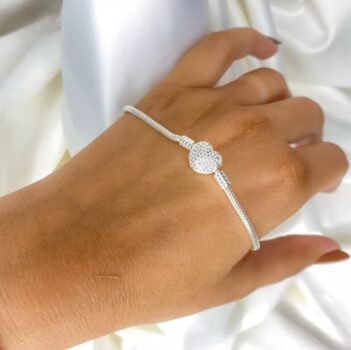 Pulseira De Berloques Prata925 Coração Cravejado C/ Garantia
