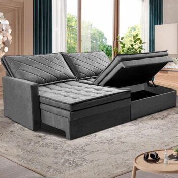 Sofá 3 Lugares Cama inBox Marselha com 180 cm de Largura, Retrátil, com Baú e Revestimento Suede Velusoft - Cinza