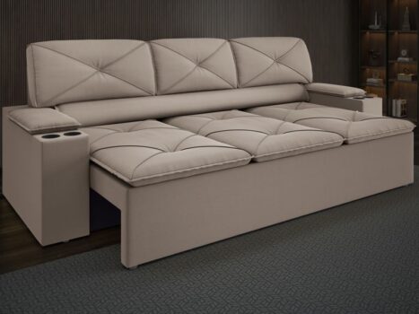 Sofá 3 lugares DDS Next Pop com Assento Retrátil e Encosto Reclinável em Velosuede com porta-copos - 205cm de Largura - Capuccino