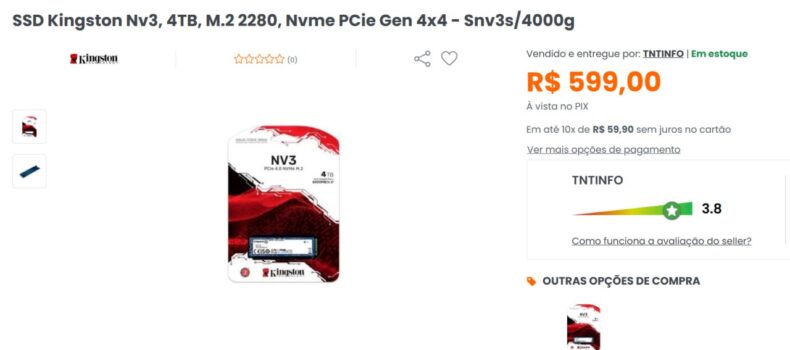 SSD Kingston Nv3, 4TB, M.2 2280, Nvme PCie Gen 4x4 - Snv3s/4000g
