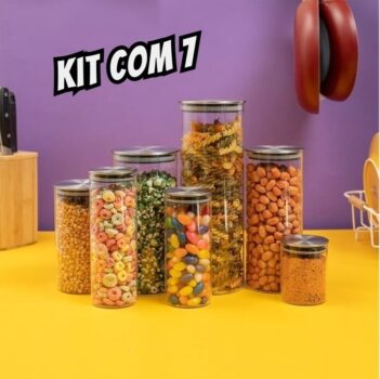 Kit 7 potes de vidro com tampa inox hermético redondo - Tud