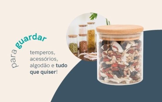 Oikos - Pote de Vidro 200ml com Tampa de Bambu Hermético Redondo Flat