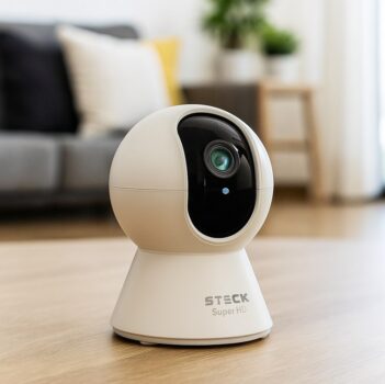 Steck, Câmera De Segurança Interna Ptz 360 Super HD (3MP), Wi-Fi, Áudio bi-direcional, Detecção de som e movimento, Visão noturna, Armazenamento Local 128gb, Compatível com Alexa - SMBC3BS1