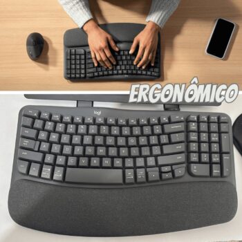 Teclado Ergonômico sem fio Logitech Wave Keys com Design Ondulado, Suporte para Descanso de Pulso Acolchoado, Bluetooth ou Receptor USB Logi Bolt, Compatível com Windows/Mac e Layout US - Grafite