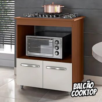 Balcão Moblis Móveis cooktop 5 bocas forno microondas multiuso Elisa cor savana/off white