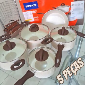 Brinox - Jogo de Panelas Antiaderente Ceramic Life 5 Peças Granada com Fundo de Indução - Vanilla