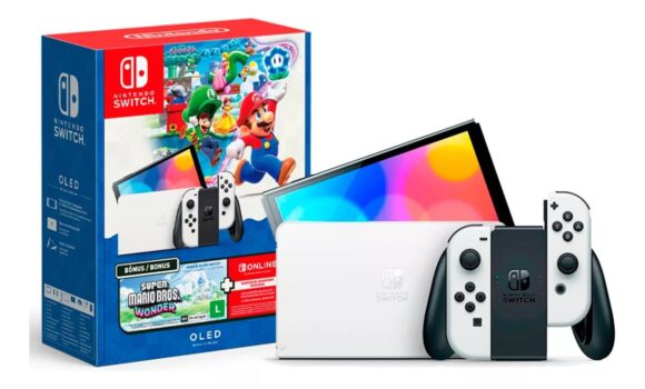 Console Nintendo Switch Oled 64gb Edição Super Mario Bros Wonder 12 Meses Assinatura Online Nintendo