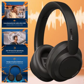 Headphone Bluetooth, PHILIPS, TAH6509BK/00, Com Cancelamento de Ruído Ativo ANC, Até 70 horas de bateria, Preto