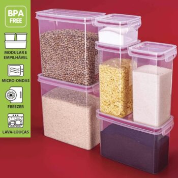 Kit Potes de Plástico para Mantimentos Herméticos com Travas, 05 unidades, Plasútil