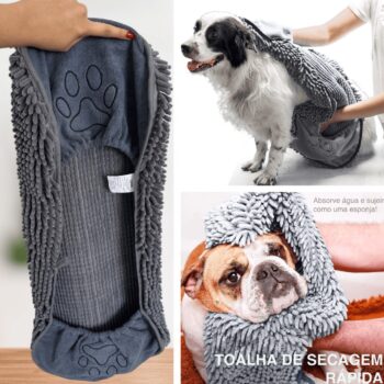 LUMAI Toalha de Microfibra Chenille Cachorro e Gato Superabsorvente, Secagem Rápida, Com Bolsos para Mãos, Lavável, Macia, Resistente, Acessório de Banho para Pets, Cães e Gatos – 80x35 cm