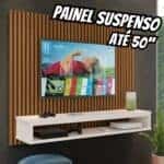Painel Prateleira Nicho Suspenso Tv Até 50 Polegadas Ripado Cor Ripado Freijo / Off White