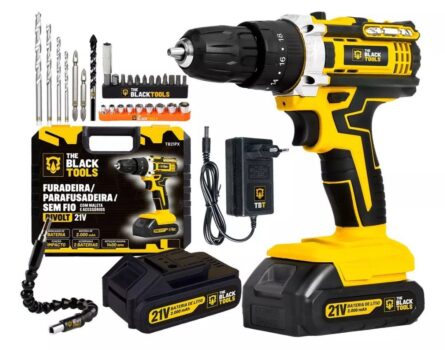 Parafusadeira Furadeira De Impacto Profissional 21v Modelo TB-21PX 2 Baterias Com Maleta The Black Tools 110/220V 60Hz Amarelo