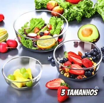 Ruvolo Saladeira Bowl, Bowl Tropical de Vidro, Multiuso P M e G 3 Peças