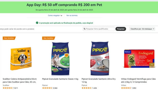 Desconto R$ 50 OFF em compras acima de R$ 200 em Pet - Amazon APP DAY