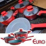 Euro Home, ALU8709-VO, Conjunto de panelas ColorStone 4 peças de alumínio com antiaderente e tampa de vidro, Volcano, Vermelho