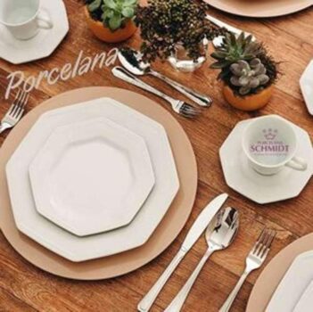 Serviço de Jantar e Café 30 Peças em Porcelana, Modelo Octogonal, Prisma, Branco, Porcelana Schmidt